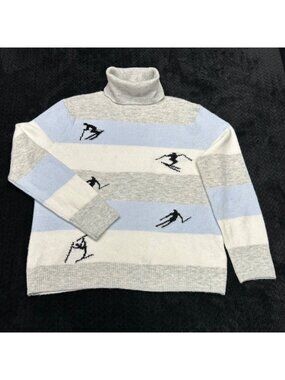 Ski Pattern Turtleneck Sweater By CeCe Medium Blue & White Striped Wool Blend